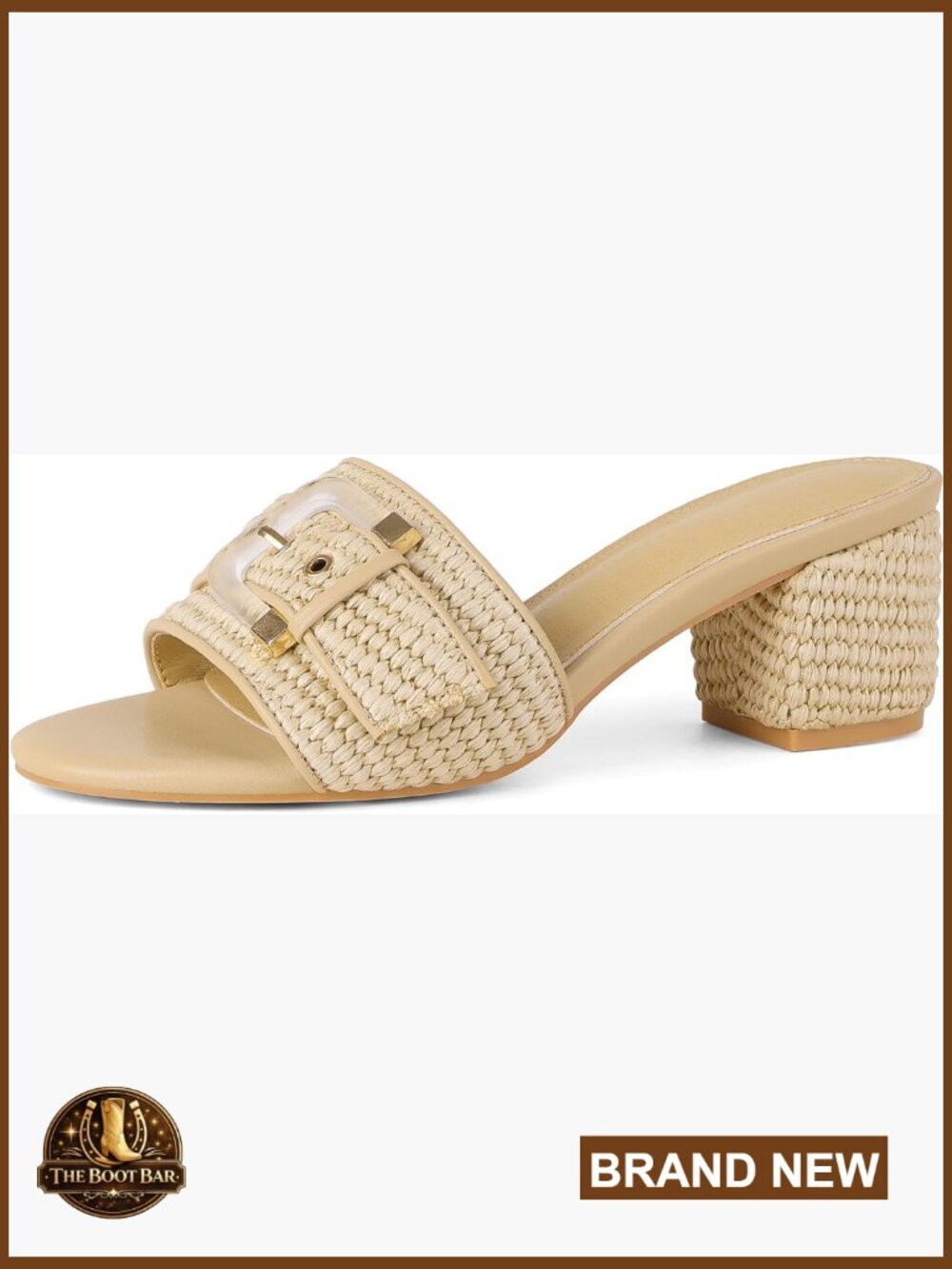 Raffia Heeled Sandals Low Block Chunky Heel Open Toe Buckle Strap Slip On Mules